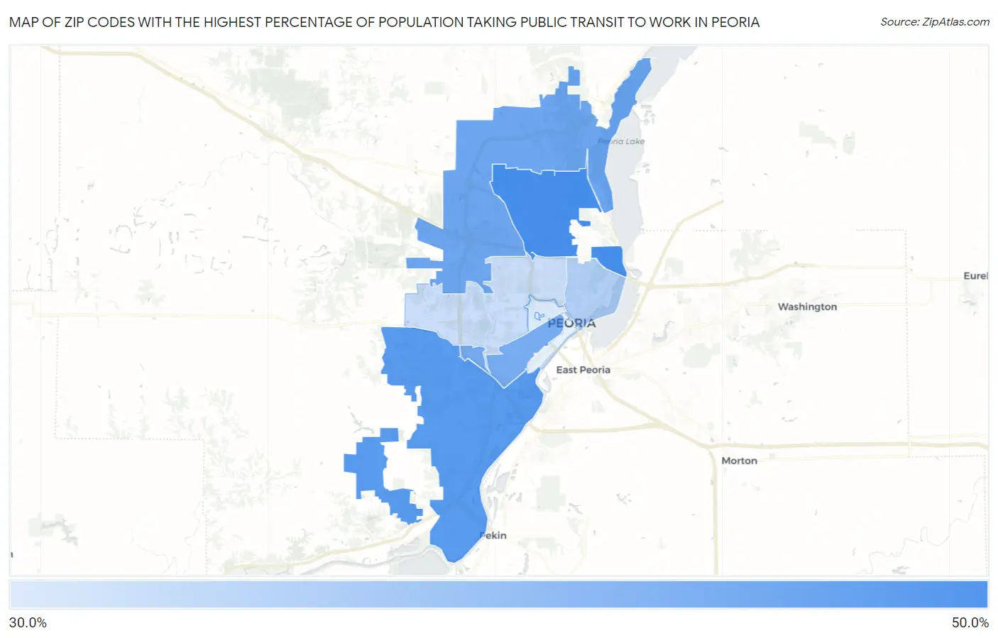 Zip Codes with the Highest Percentage of Population Taking Public Transit to Work in Peoria Map