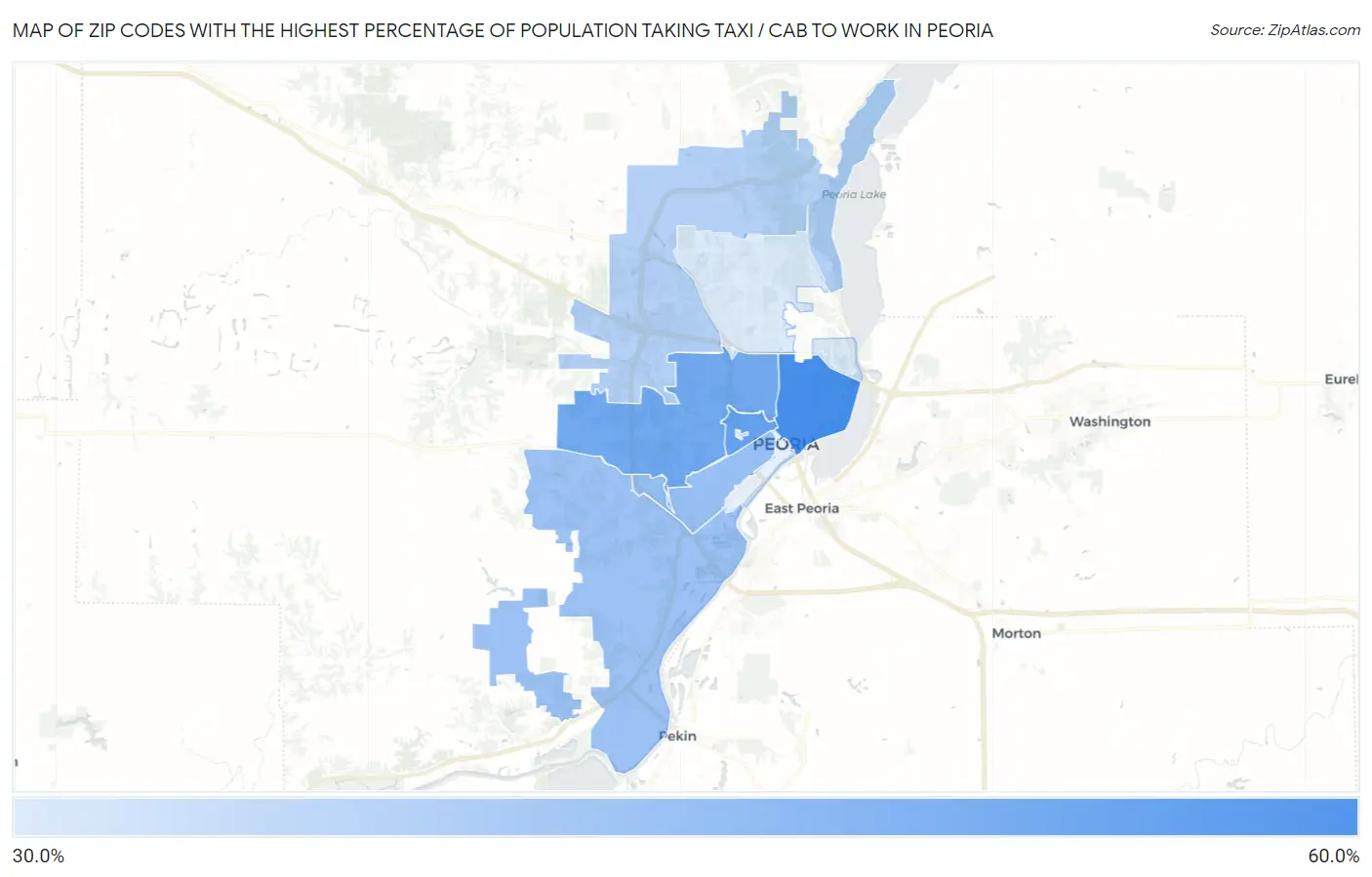Zip Codes with the Highest Percentage of Population Taking Taxi / Cab to Work in Peoria Map
