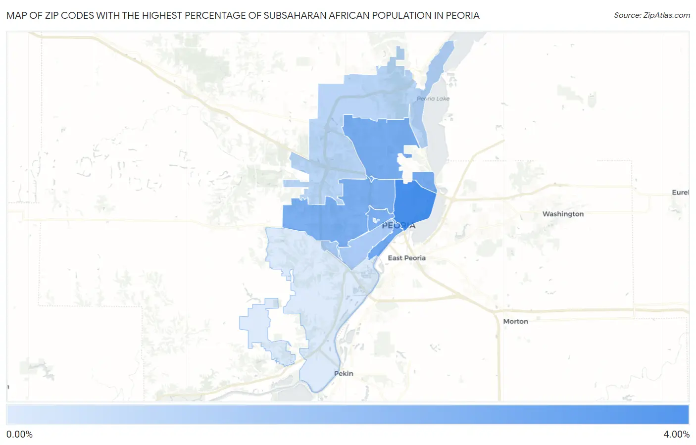Zip Codes with the Highest Percentage of Subsaharan African Population in Peoria Map