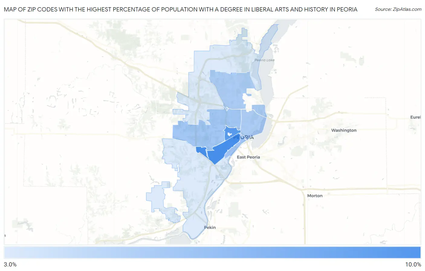 Zip Codes with the Highest Percentage of Population with a Degree in Liberal Arts and History in Peoria Map