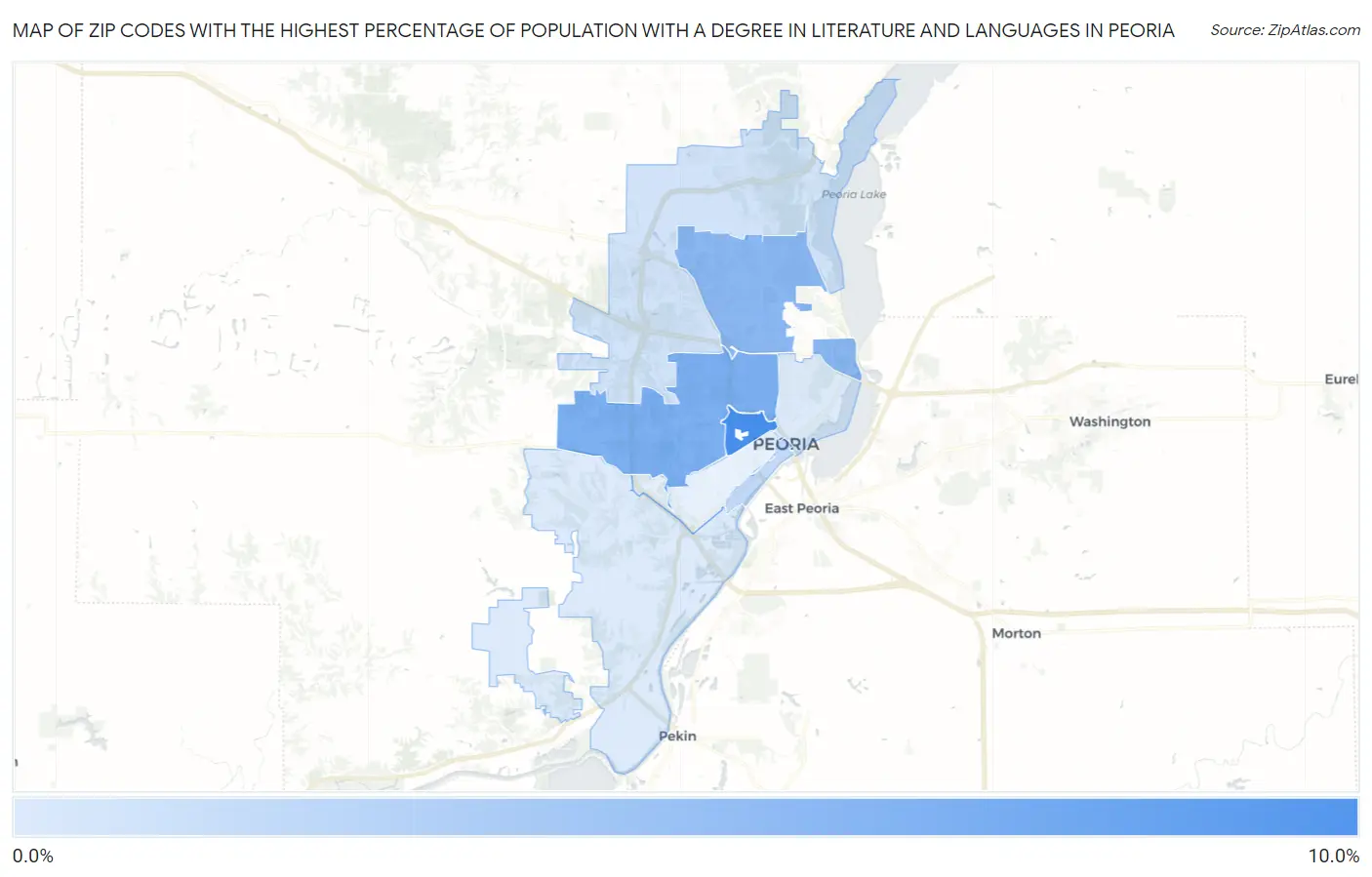 Zip Codes with the Highest Percentage of Population with a Degree in Literature and Languages in Peoria Map