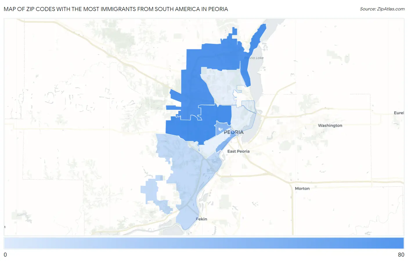 Zip Codes with the Most Immigrants from South America in Peoria Map