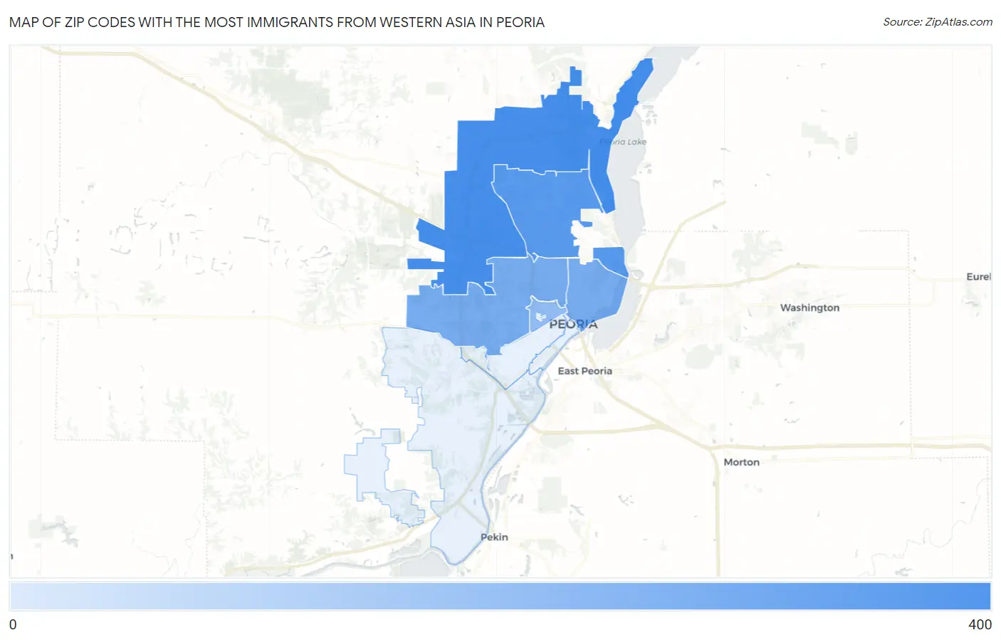 Zip Codes with the Most Immigrants from Western Asia in Peoria Map