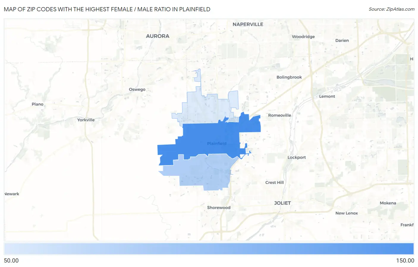 Zip Codes with the Highest Female / Male Ratio in Plainfield Map