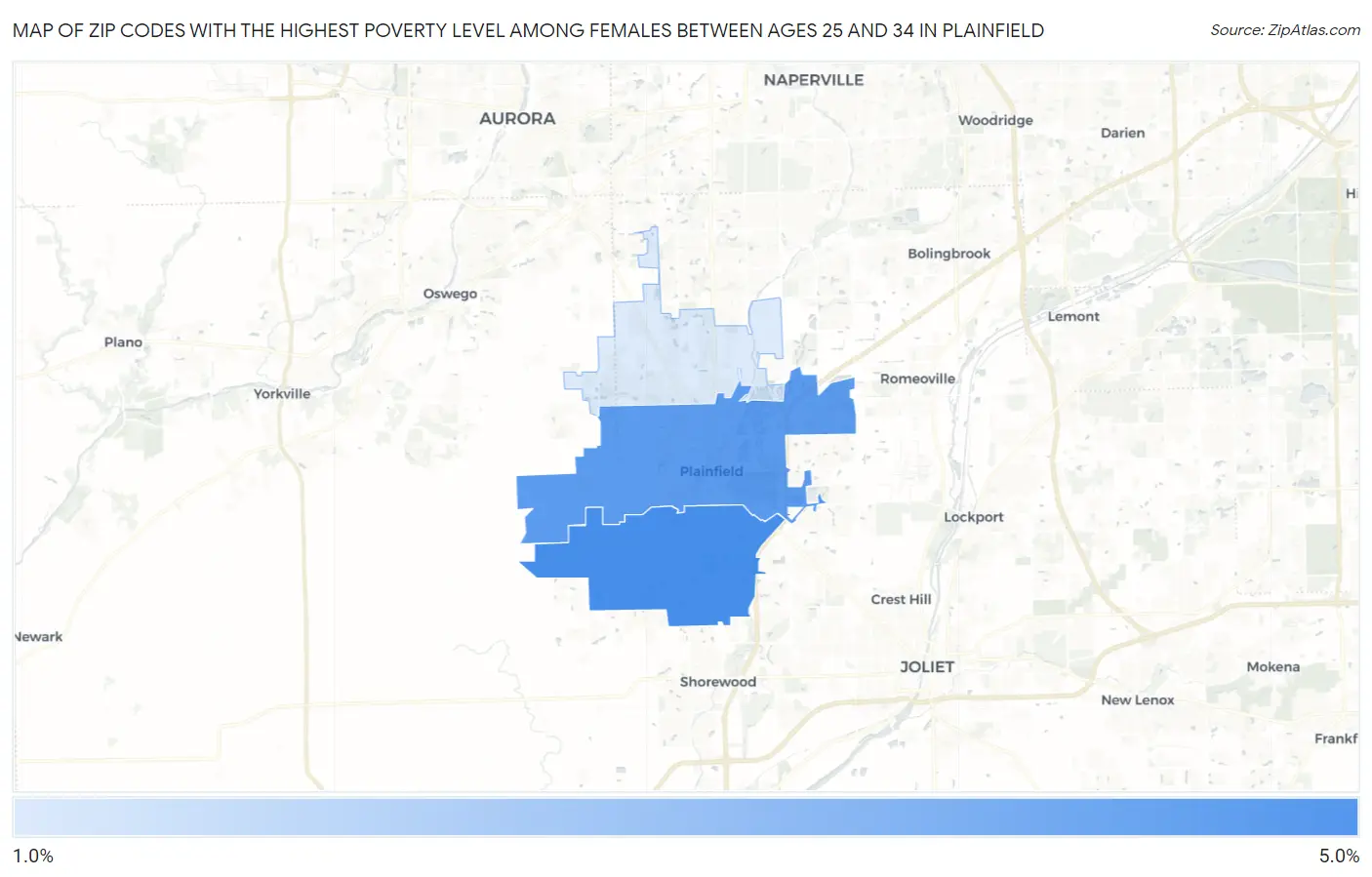 Zip Codes with the Highest Poverty Level Among Females Between Ages 25 and 34 in Plainfield Map