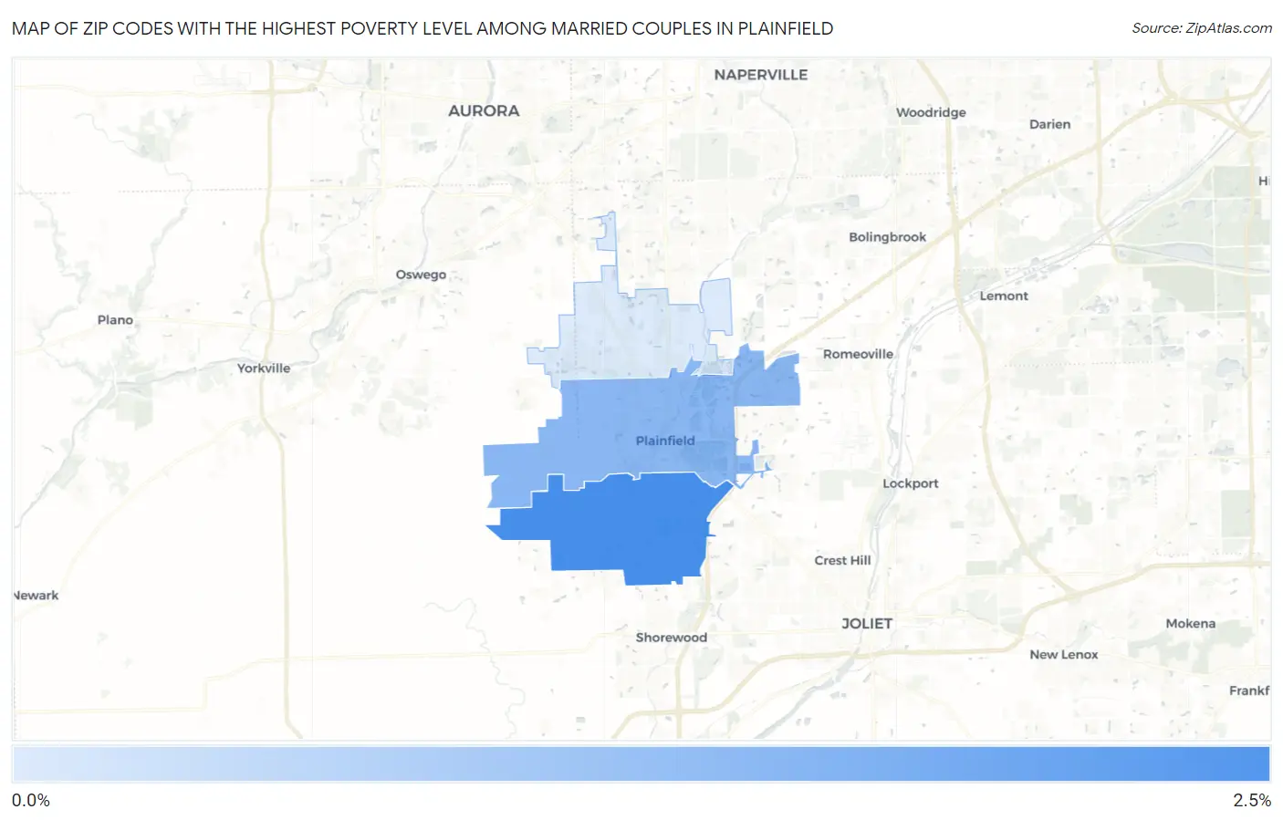 Zip Codes with the Highest Poverty Level Among Married Couples in Plainfield Map