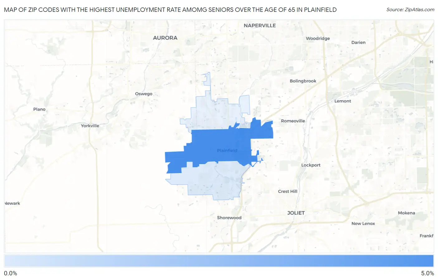 Zip Codes with the Highest Unemployment Rate Amomg Seniors Over the Age of 65 in Plainfield Map
