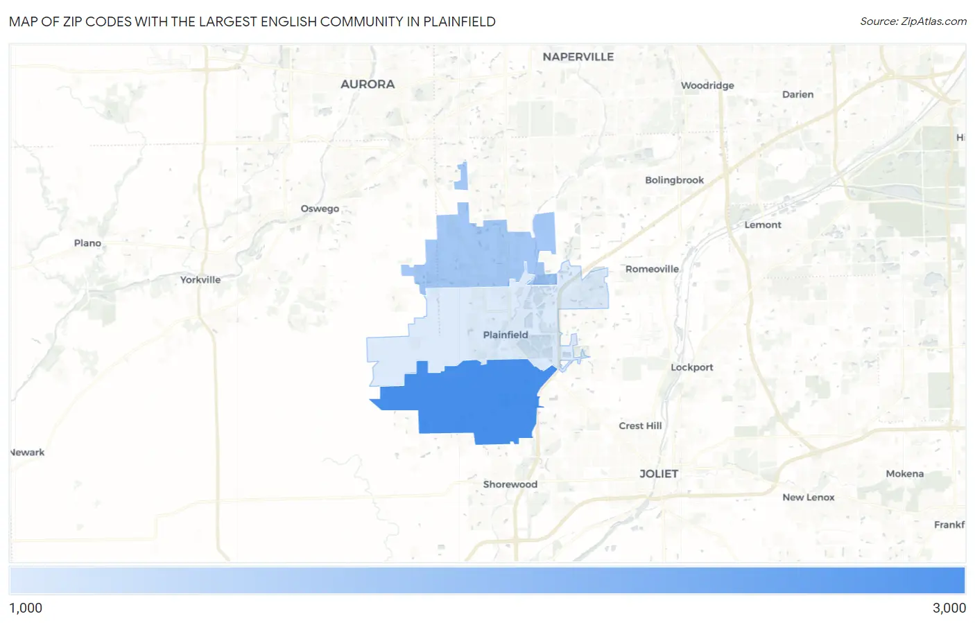 Zip Codes with the Largest English Community in Plainfield Map