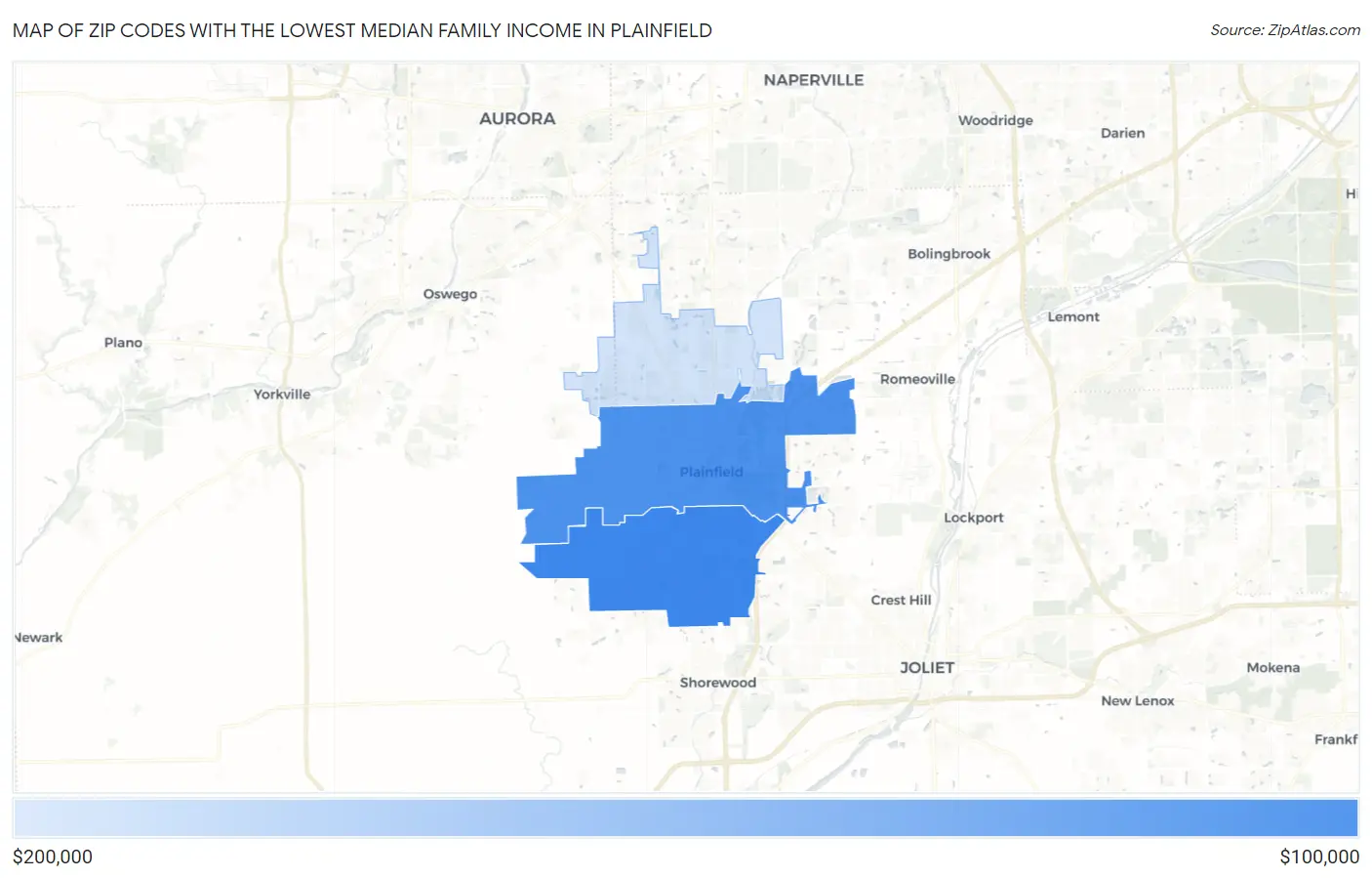 Zip Codes with the Lowest Median Family Income in Plainfield Map