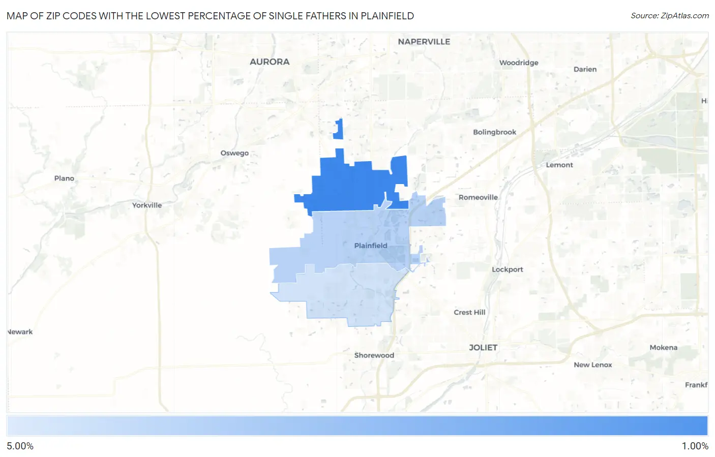 Zip Codes with the Lowest Percentage of Single Fathers in Plainfield Map