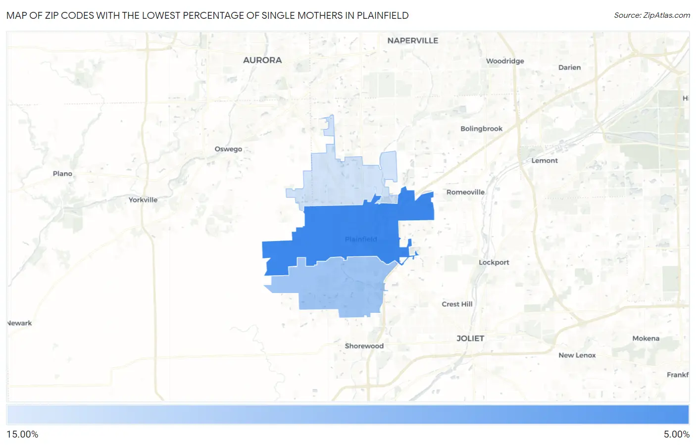 Zip Codes with the Lowest Percentage of Single Mothers in Plainfield Map