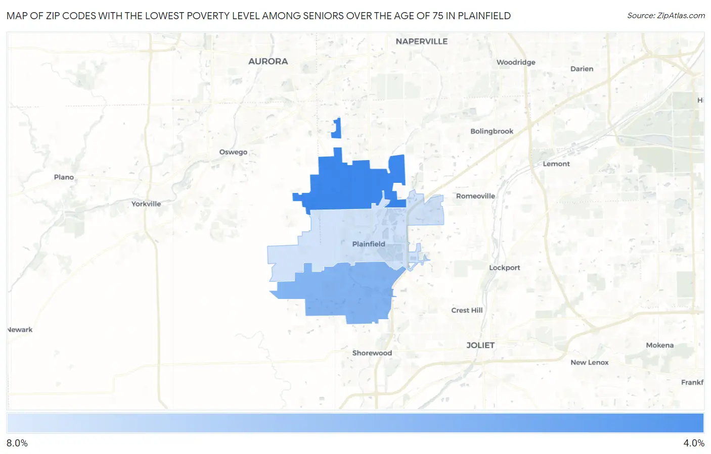 Zip Codes with the Lowest Poverty Level Among Seniors Over the Age of 75 in Plainfield Map