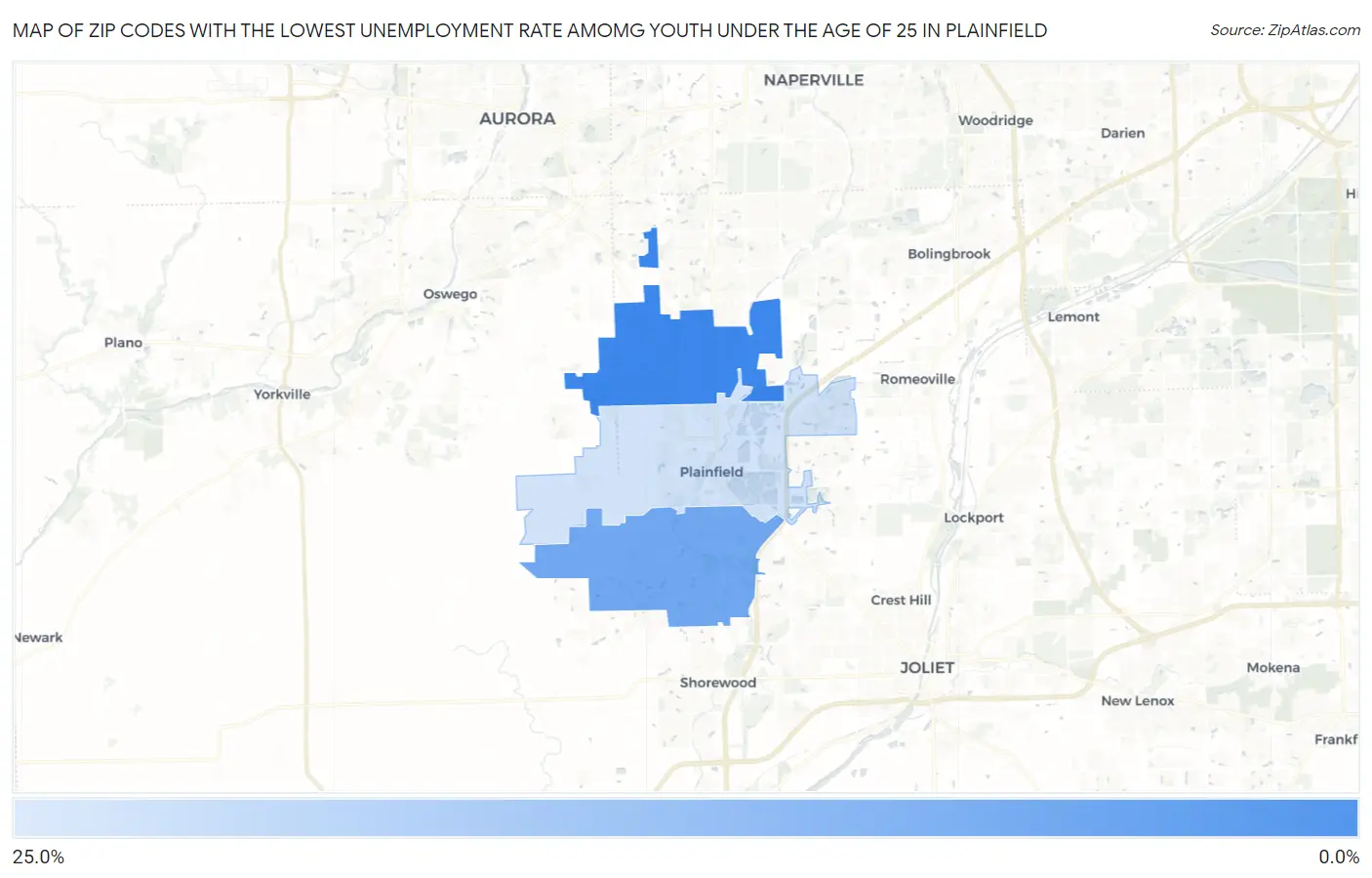 Zip Codes with the Lowest Unemployment Rate Amomg Youth Under the Age of 25 in Plainfield Map