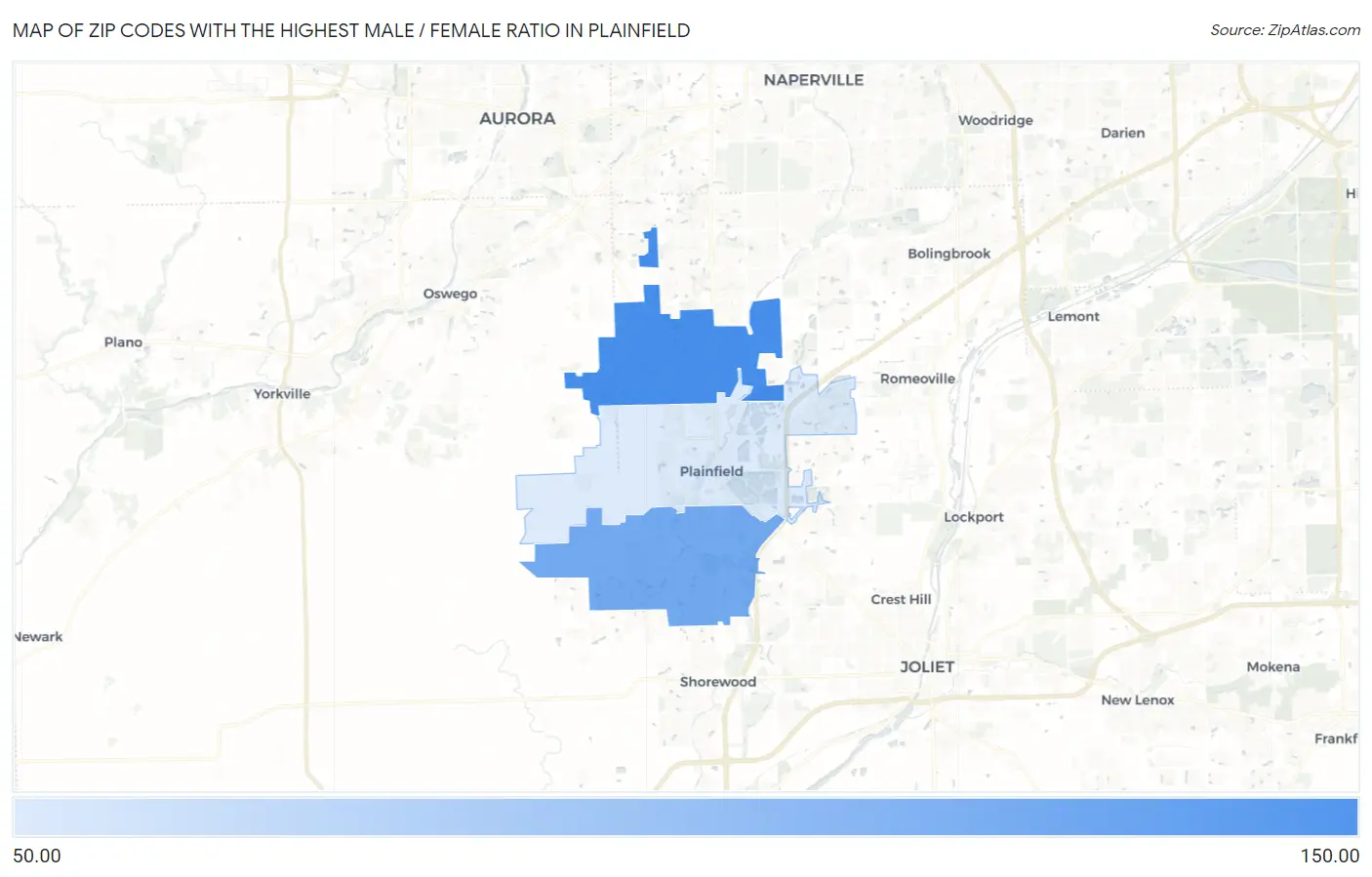 Zip Codes with the Highest Male / Female Ratio in Plainfield Map