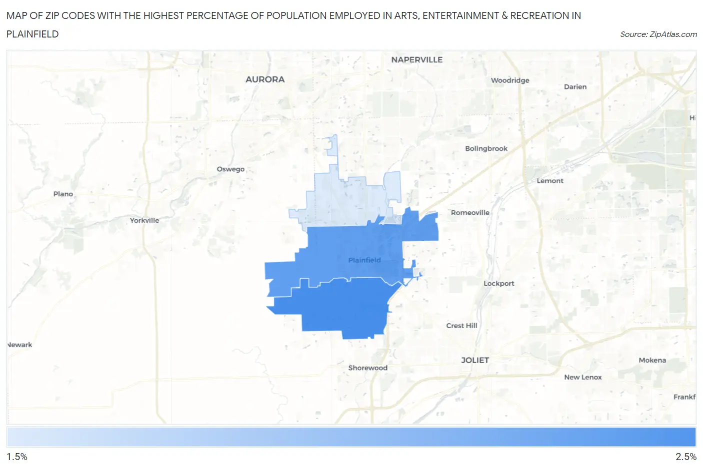 Zip Codes with the Highest Percentage of Population Employed in Arts, Entertainment & Recreation in Plainfield Map