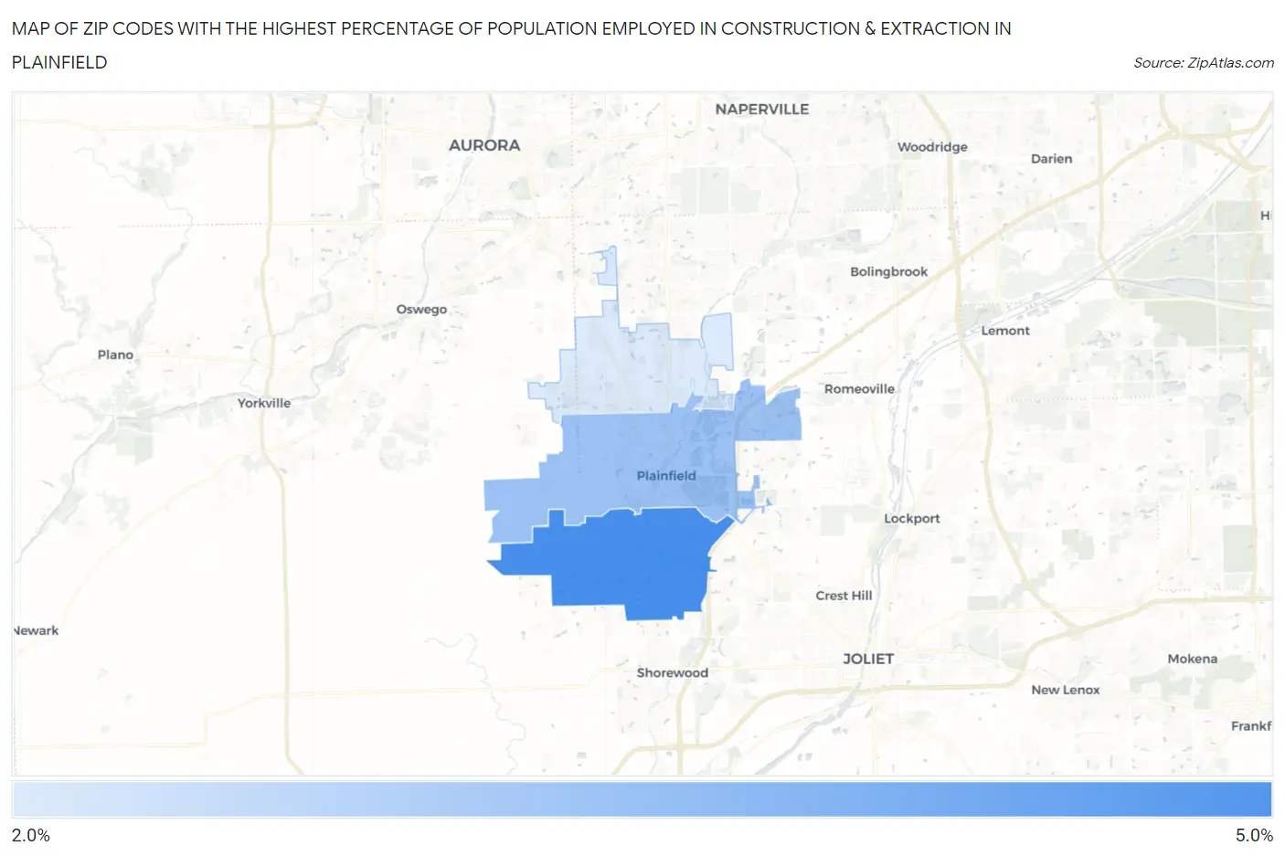 Zip Codes with the Highest Percentage of Population Employed in Construction & Extraction in Plainfield Map