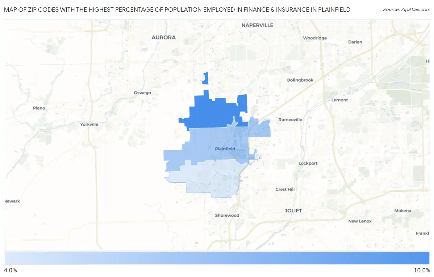 Zip Codes with the Highest Percentage of Population Employed in Finance & Insurance in Plainfield Map