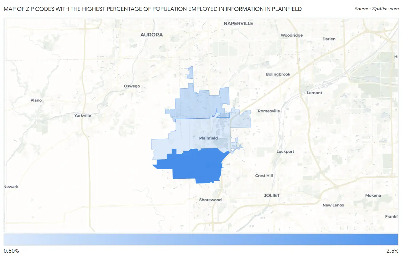 Zip Codes with the Highest Percentage of Population Employed in Information in Plainfield Map