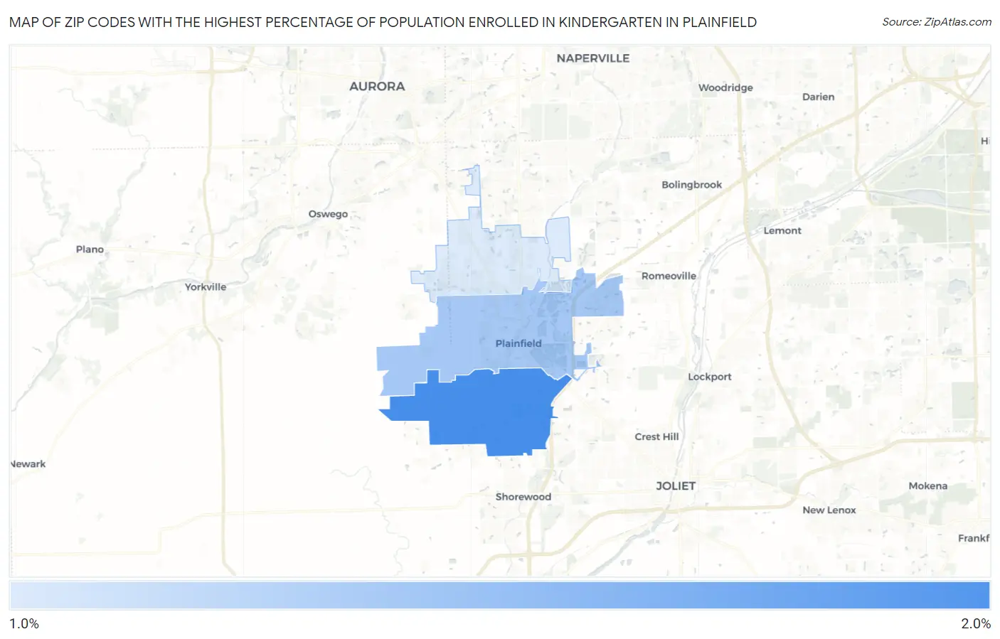 Zip Codes with the Highest Percentage of Population Enrolled in Kindergarten in Plainfield Map