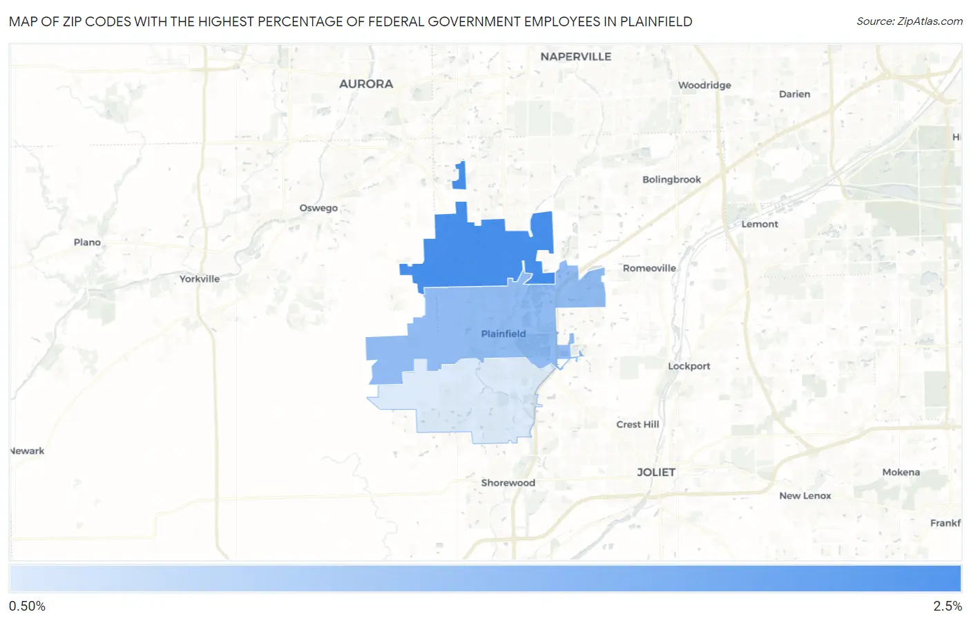 Zip Codes with the Highest Percentage of Federal Government Employees in Plainfield Map