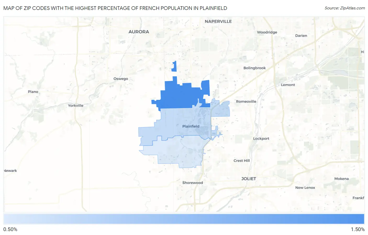 Zip Codes with the Highest Percentage of French Population in Plainfield Map