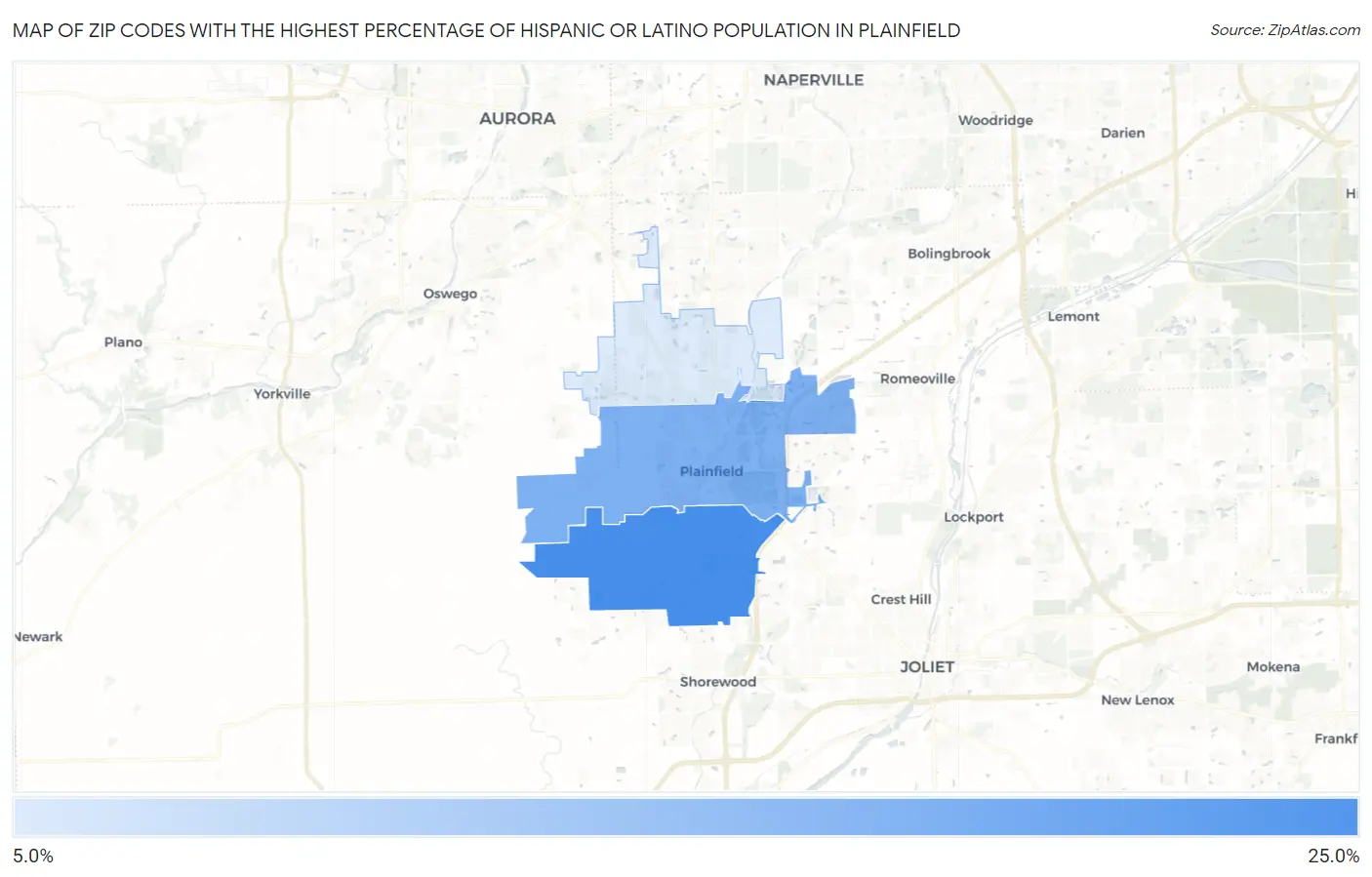 Zip Codes with the Highest Percentage of Hispanic or Latino Population in Plainfield Map