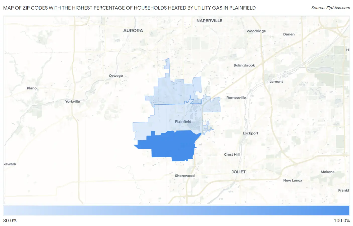 Zip Codes with the Highest Percentage of Households Heated by Utility Gas in Plainfield Map