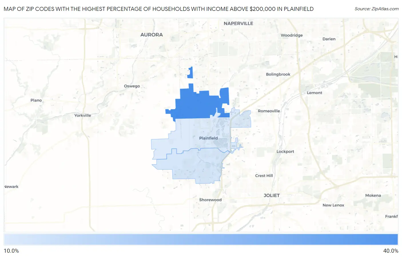 Zip Codes with the Highest Percentage of Households with Income Above $200,000 in Plainfield Map