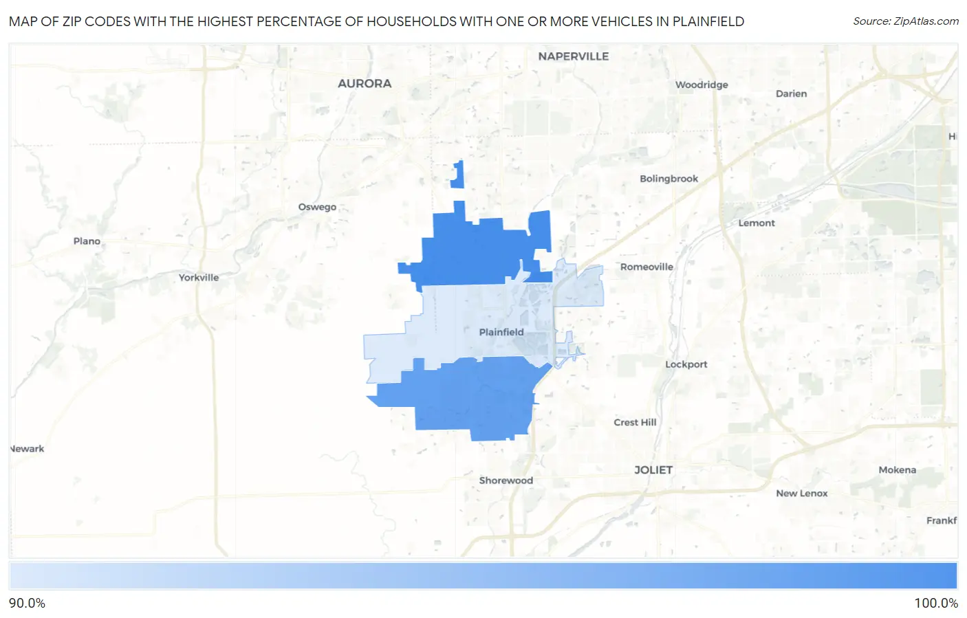 Zip Codes with the Highest Percentage of Households With One or more Vehicles in Plainfield Map