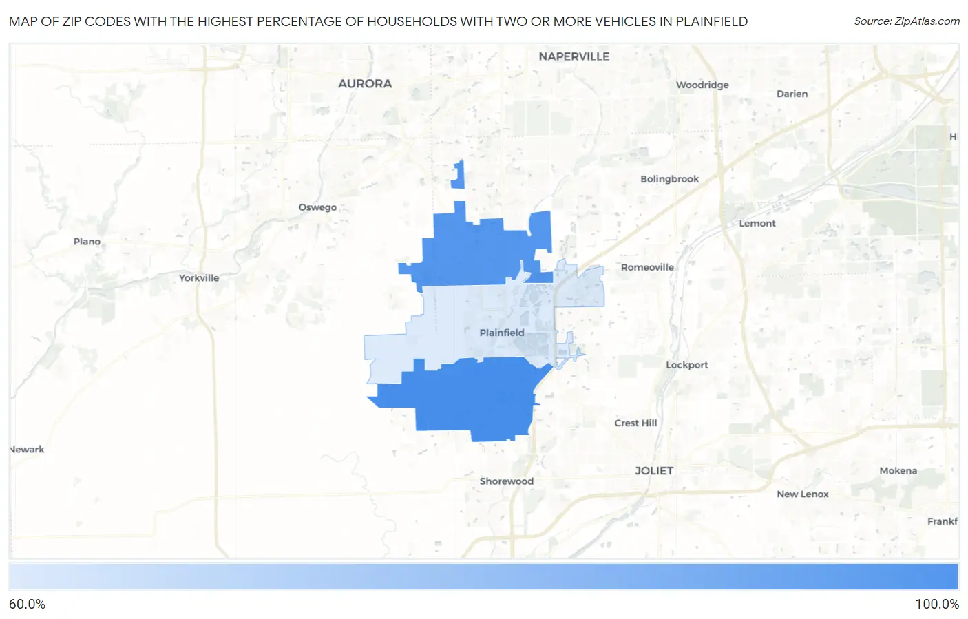 Zip Codes with the Highest Percentage of Households With Two or more Vehicles in Plainfield Map