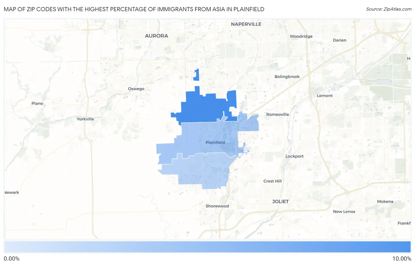 Zip Codes with the Highest Percentage of Immigrants from Asia in Plainfield Map