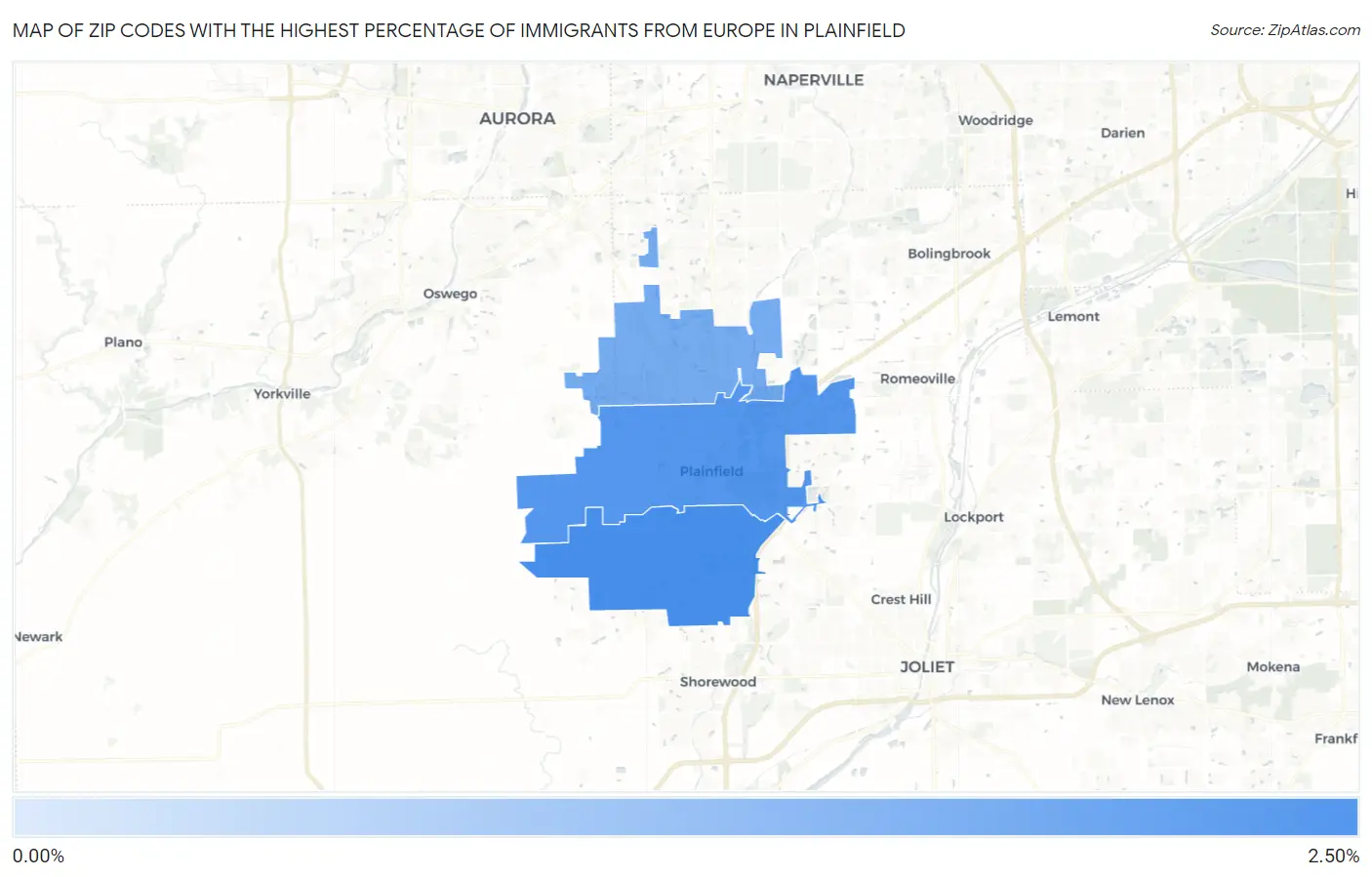 Zip Codes with the Highest Percentage of Immigrants from Europe in Plainfield Map