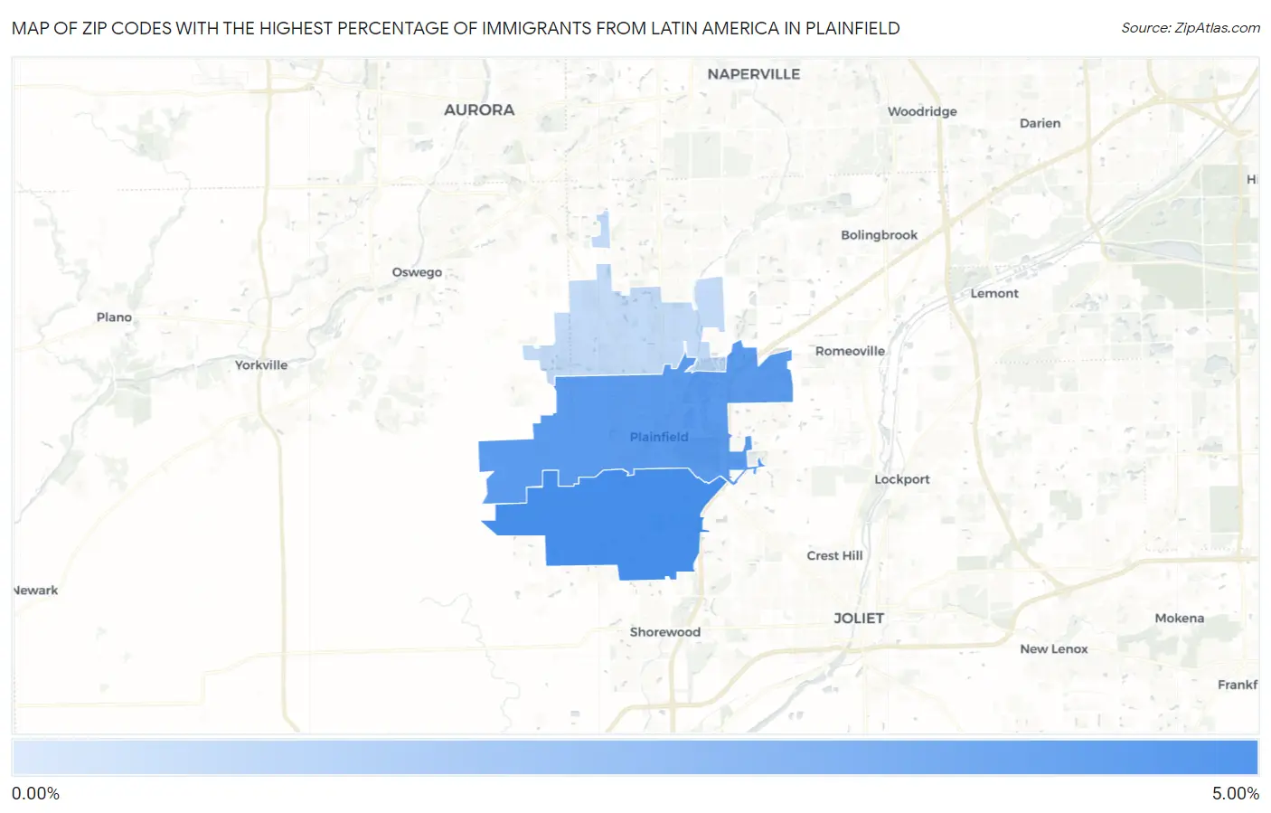 Zip Codes with the Highest Percentage of Immigrants from Latin America in Plainfield Map