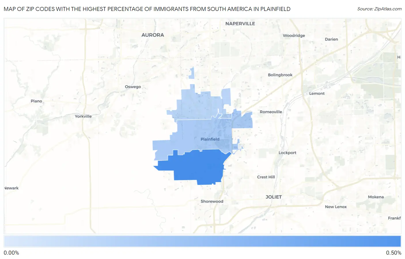 Zip Codes with the Highest Percentage of Immigrants from South America in Plainfield Map