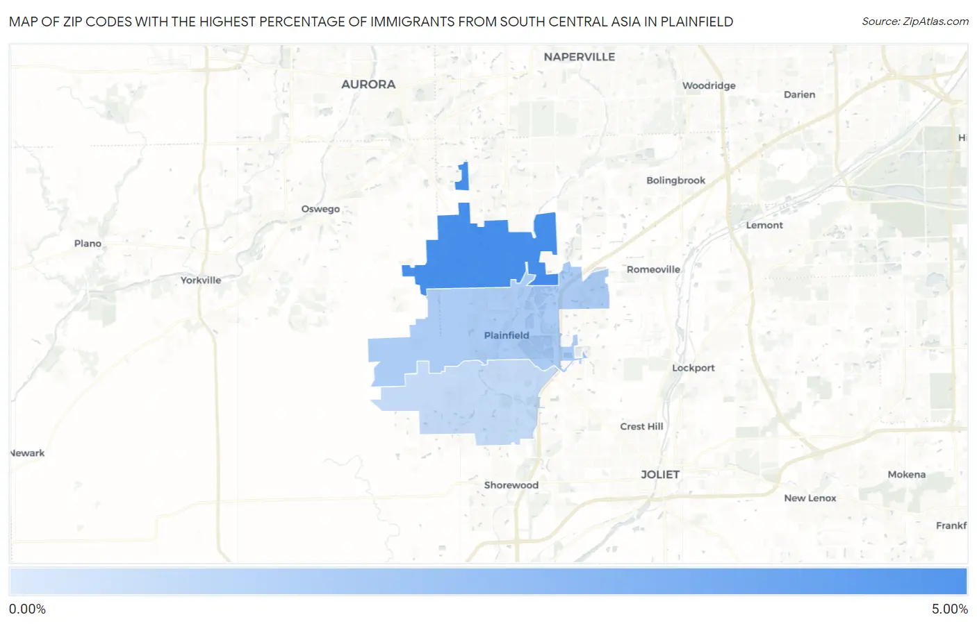 Zip Codes with the Highest Percentage of Immigrants from South Central Asia in Plainfield Map