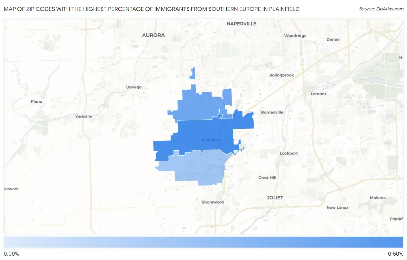 Zip Codes with the Highest Percentage of Immigrants from Southern Europe in Plainfield Map