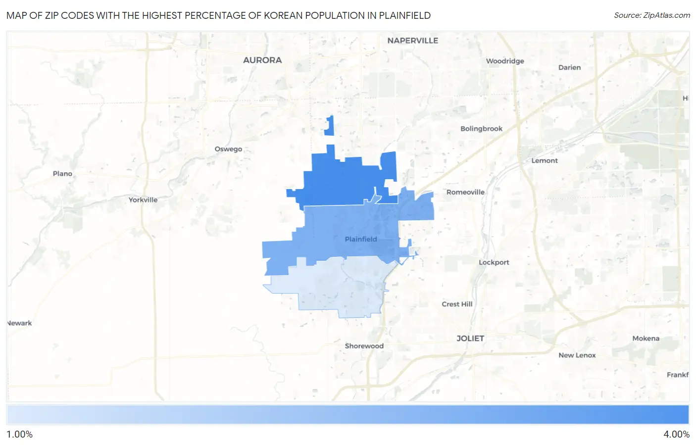 Zip Codes with the Highest Percentage of Korean Population in Plainfield Map