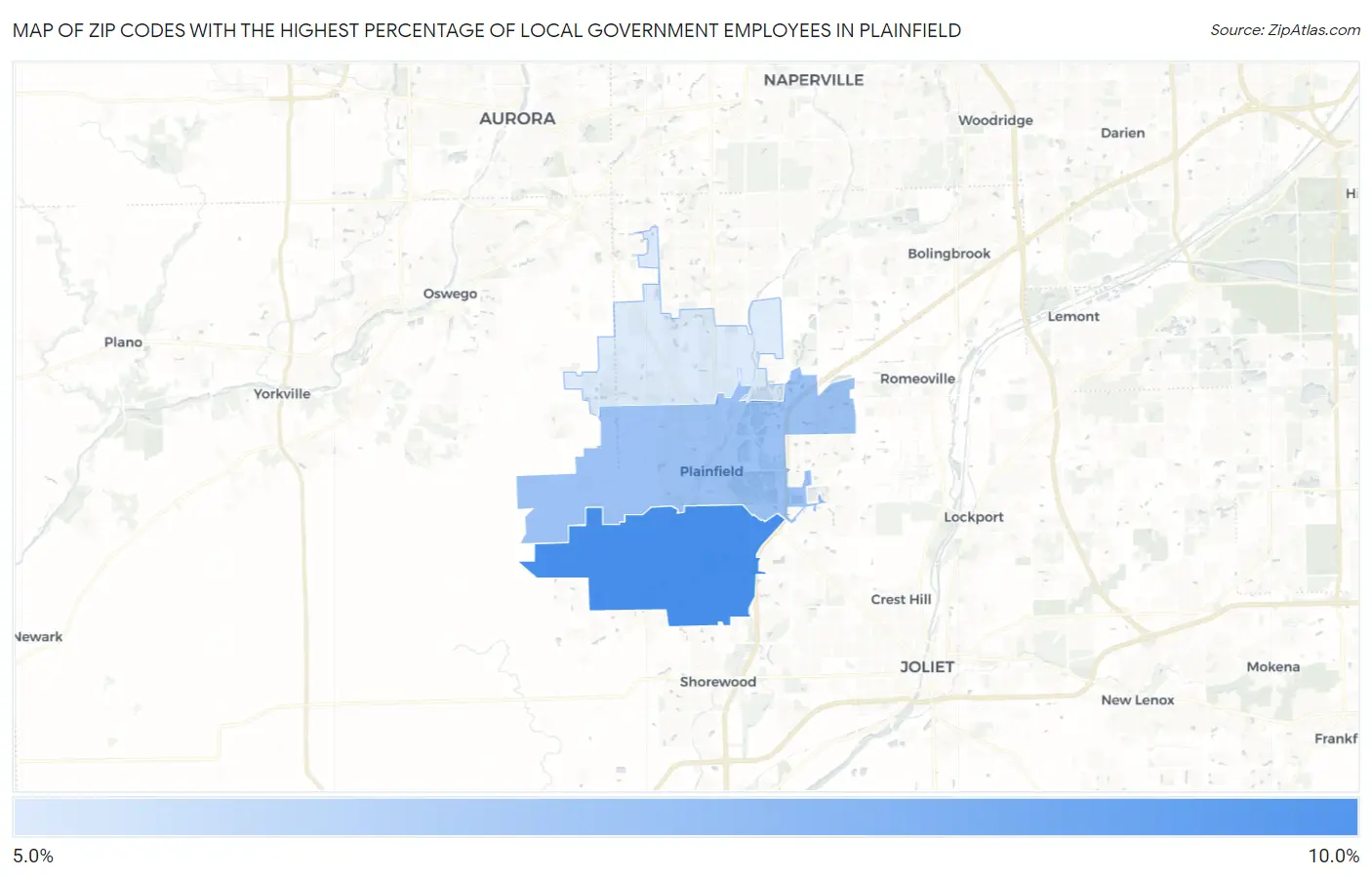 Zip Codes with the Highest Percentage of Local Government Employees in Plainfield Map