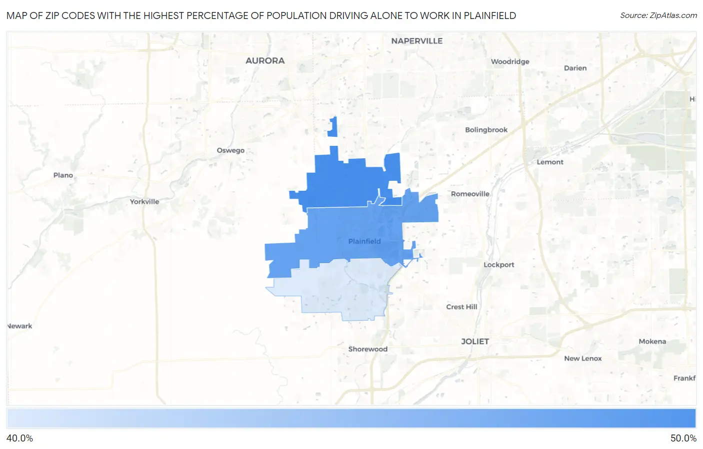 Zip Codes with the Highest Percentage of Population Driving Alone to Work in Plainfield Map