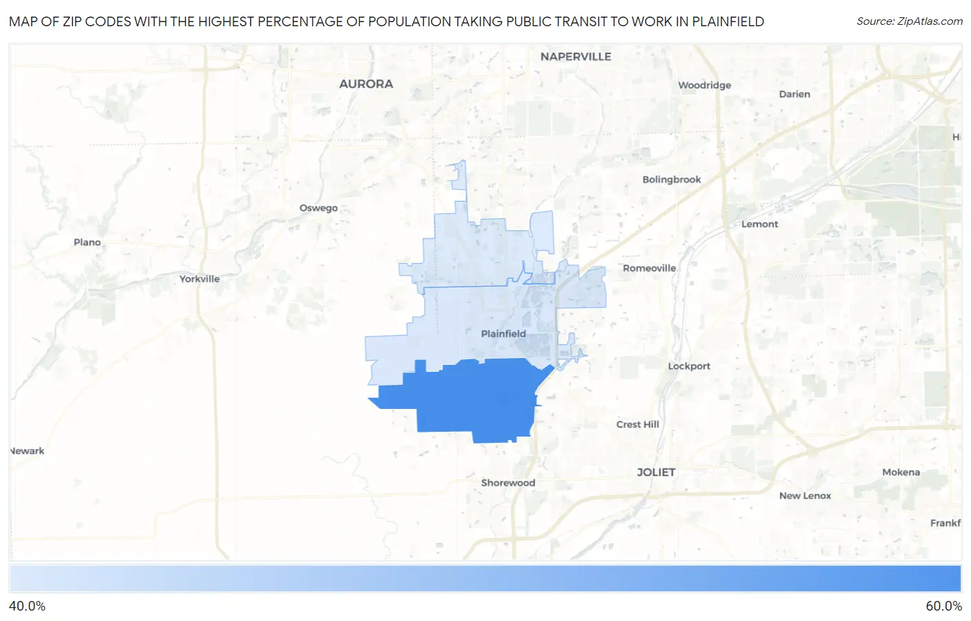 Zip Codes with the Highest Percentage of Population Taking Public Transit to Work in Plainfield Map