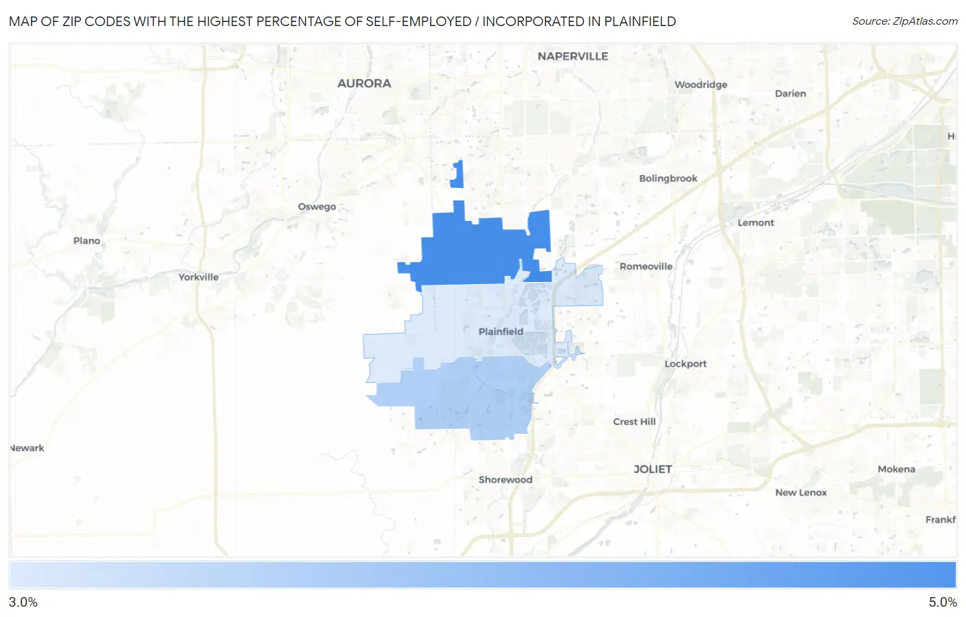 Zip Codes with the Highest Percentage of Self-Employed / Incorporated in Plainfield Map