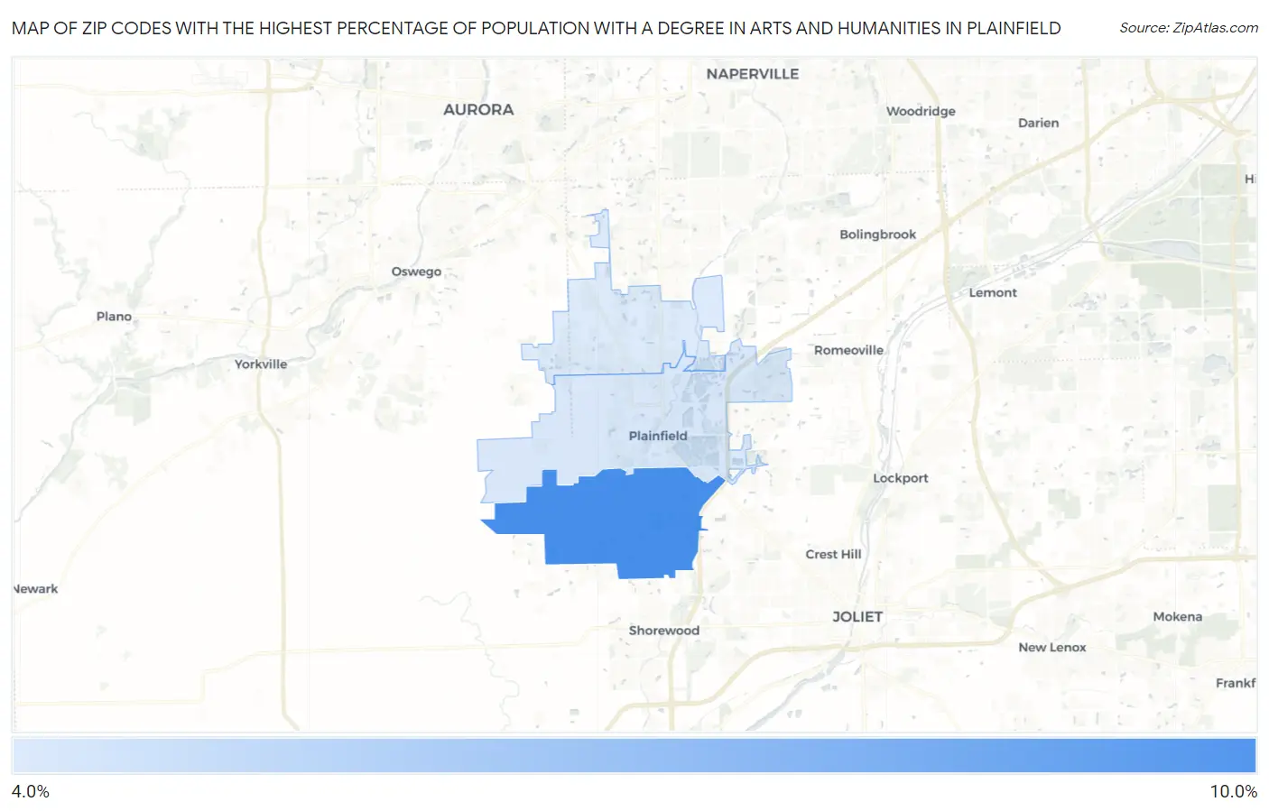Zip Codes with the Highest Percentage of Population with a Degree in Arts and Humanities in Plainfield Map