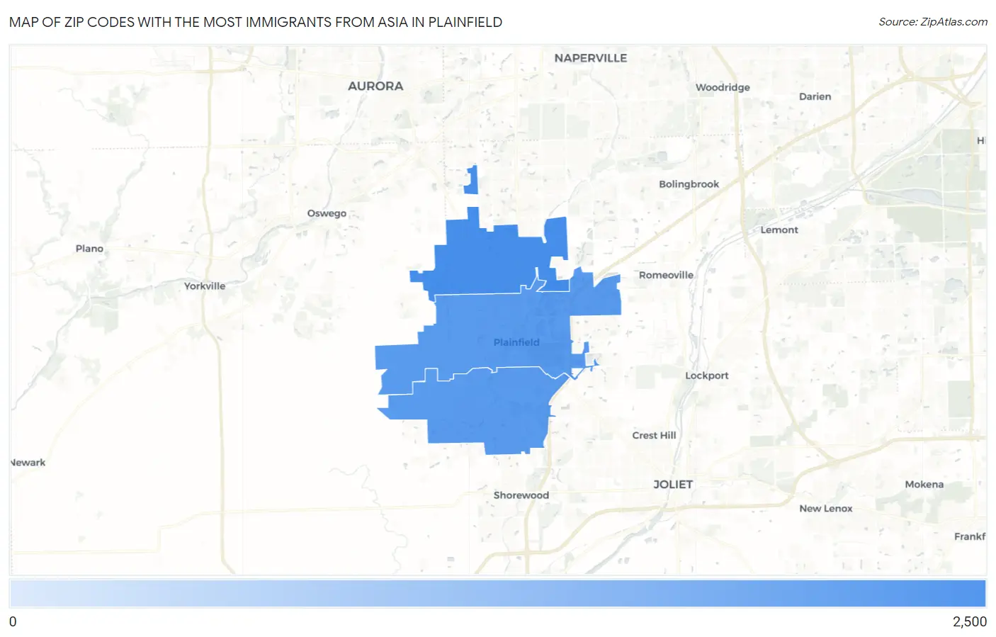 Zip Codes with the Most Immigrants from Asia in Plainfield Map