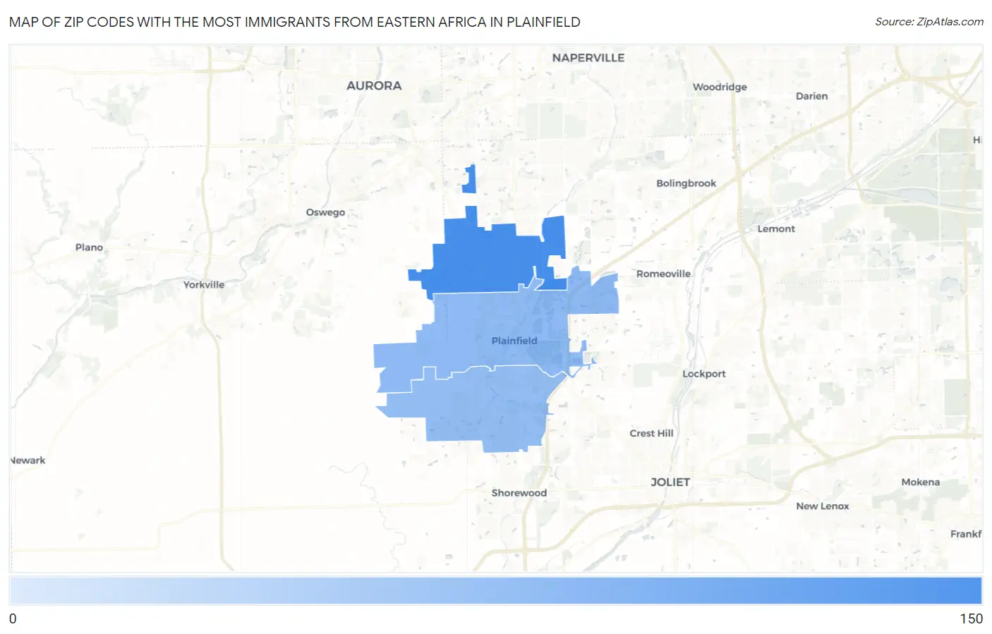 Zip Codes with the Most Immigrants from Eastern Africa in Plainfield Map