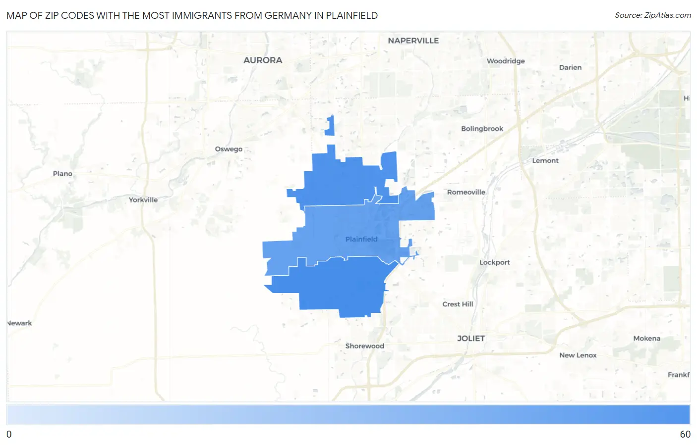 Zip Codes with the Most Immigrants from Germany in Plainfield Map