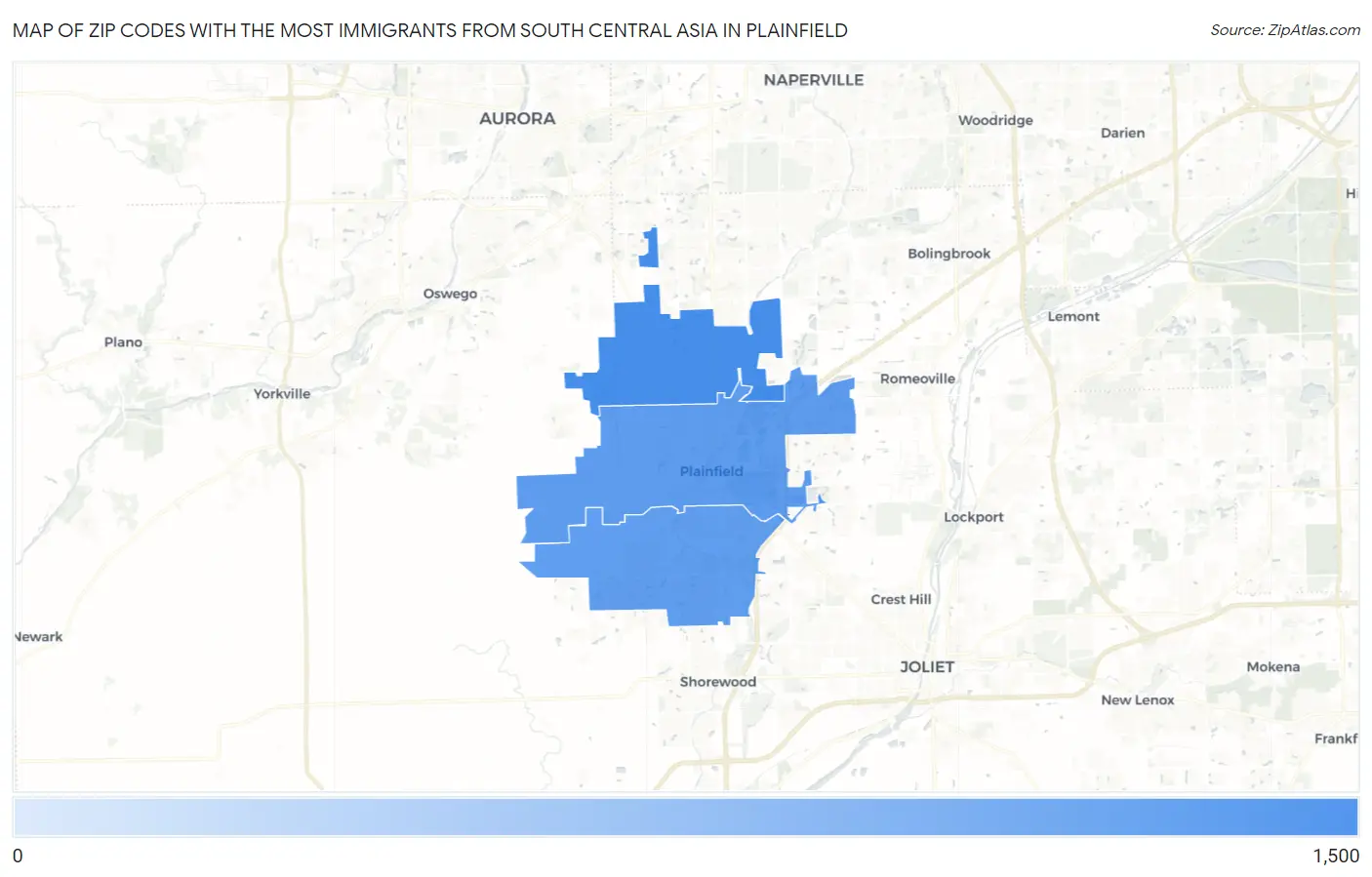 Zip Codes with the Most Immigrants from South Central Asia in Plainfield Map