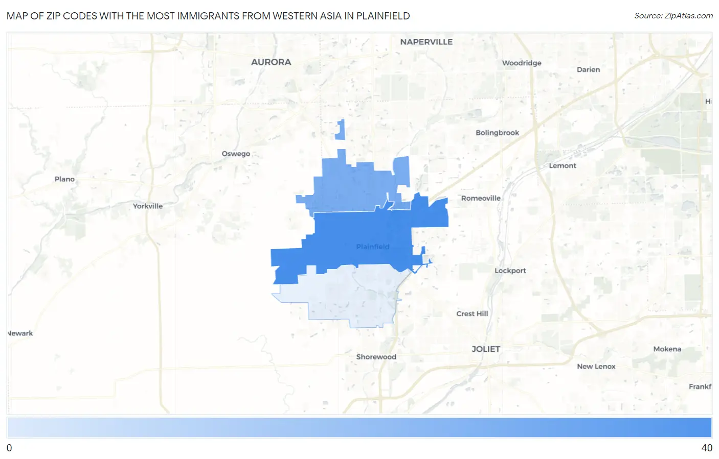 Zip Codes with the Most Immigrants from Western Asia in Plainfield Map