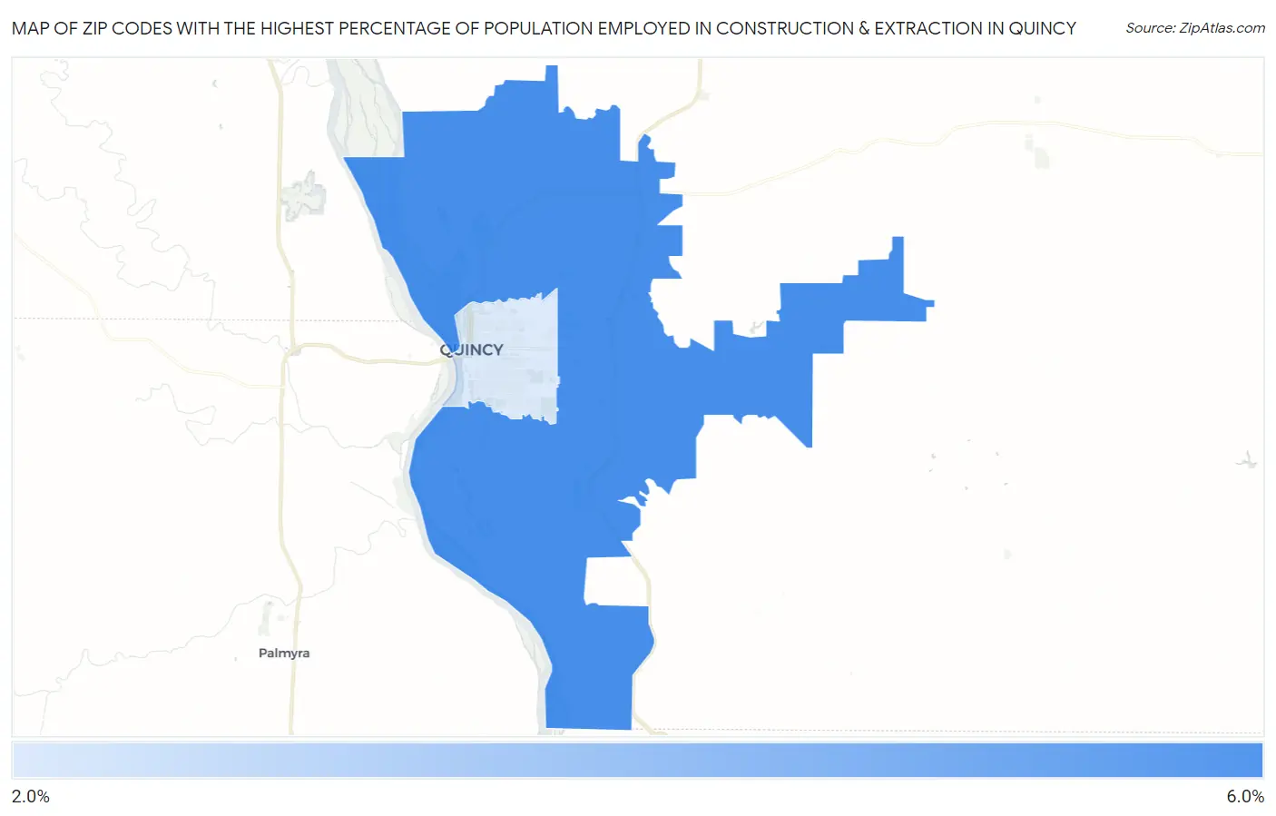 Zip Codes with the Highest Percentage of Population Employed in Construction & Extraction in Quincy Map