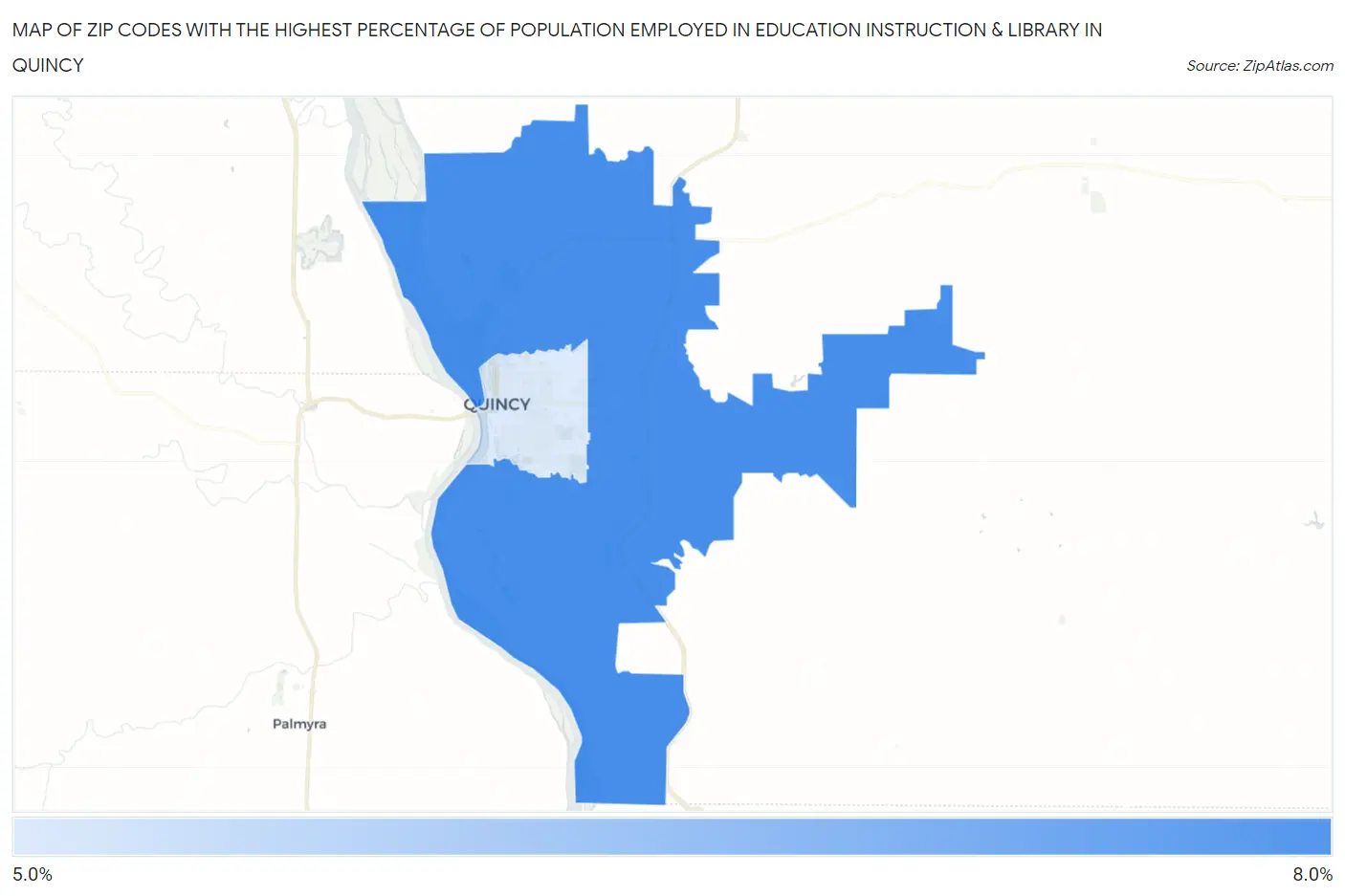 Zip Codes with the Highest Percentage of Population Employed in Education Instruction & Library in Quincy Map