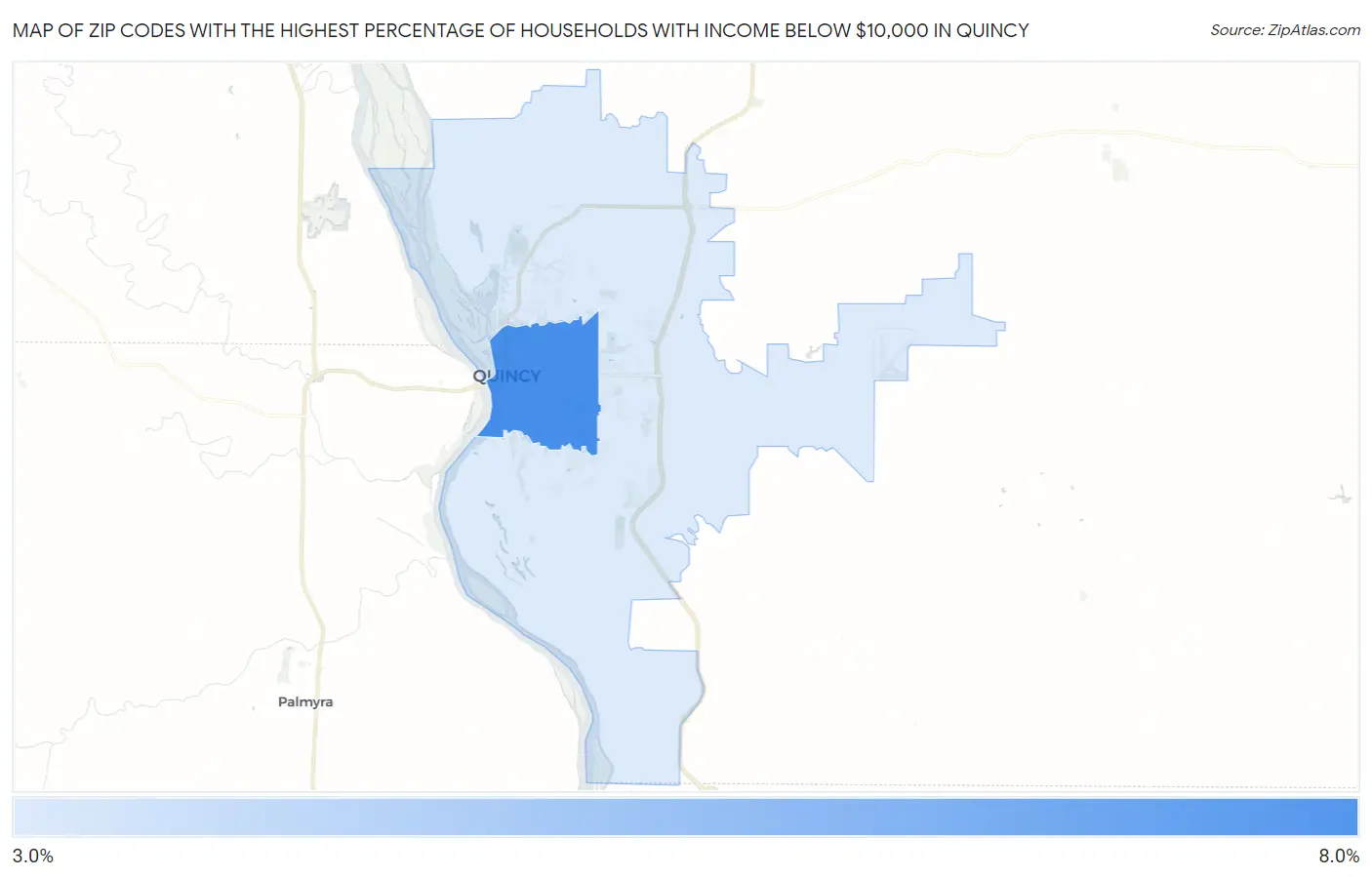 Zip Codes with the Highest Percentage of Households with Income Below $10,000 in Quincy Map